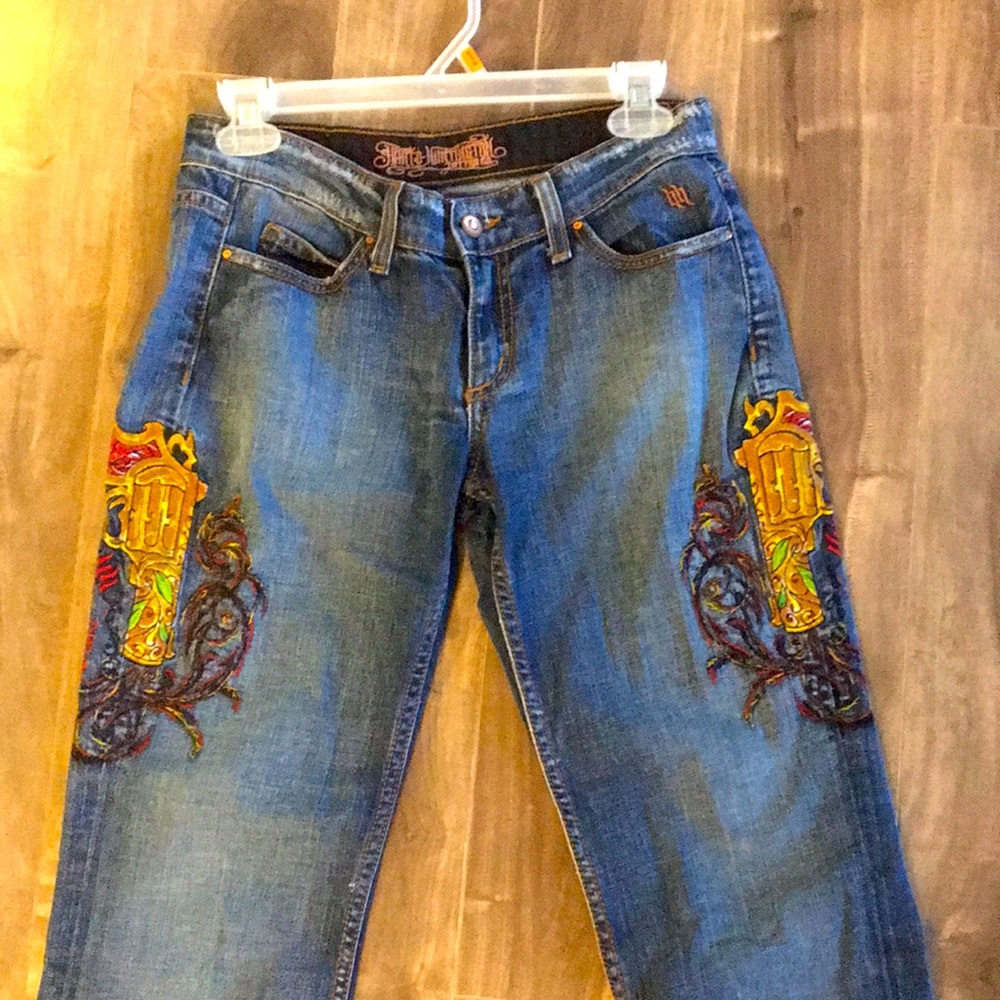 Hart & Huntington 27 hemmed jeans embroidered guns